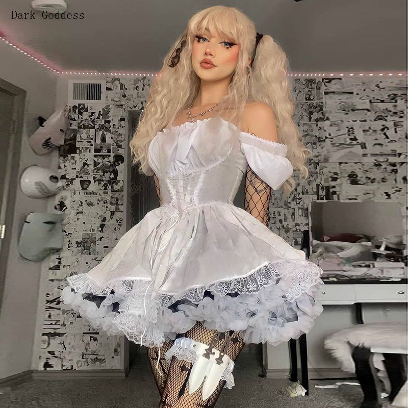 Japanese Lolita Princess Black Gothic Sexy Mini Bad Girl Dress Kawaii High Waist Puff Sleeve Lace Ruffles White Party Robe Women 5 Japanese Lolita Princess Black Gothic Sexy Mini Bad Girl Dress Kawaii High Waist Puff Sleeve Lace Ruffles White Party Robe Women 5